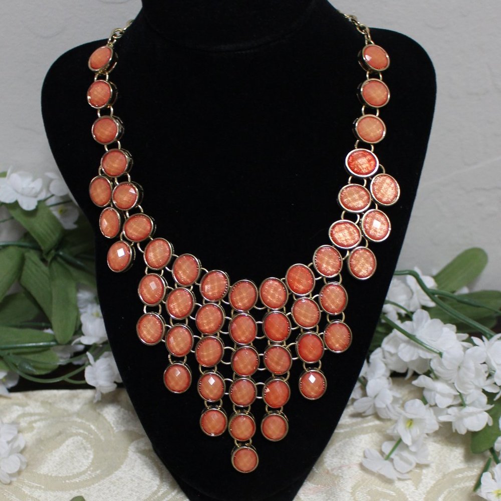 Gold tone and faux Coral Stone Statement Bib Necklace 14.5" - 20"